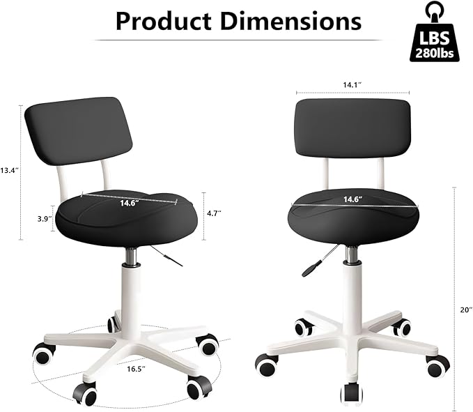 Ergonomic Esthetician Stool Chair with Back Support for Salon, Swivel Rolling Stool Height-Adjustable for Clinic Dentist Spa, Home Office, Drafting Work Task Chair
