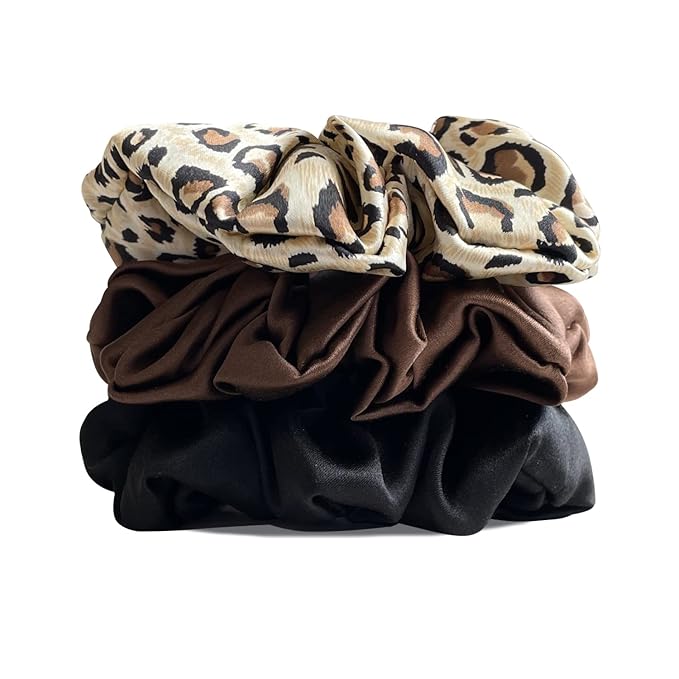 Suncdelv Silk,100% Silk Scrunchies for Hair,22 Momme Hair Ties for Anti-Crease & Breakage,Natural Women Hair Accessories，Fashion Hairbands 3PCS（Leopard print）