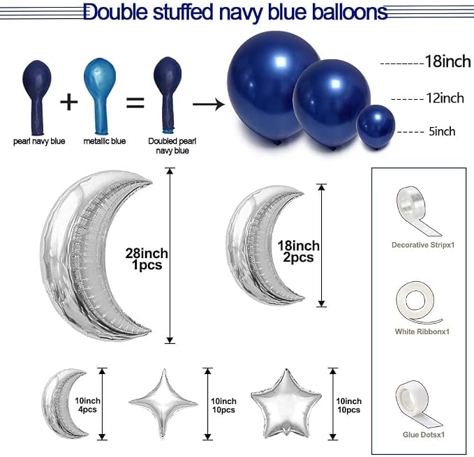 Navy Blue Balloon Garland Arch Kit Double Stuffed Royal Blue Star Moon Balloons - Image 3