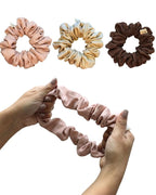 Handmade Linen Scrunchie Bundle for Women – Set of 3 Neutral Hair Ties – 100% Linen Fabric, Gentle on Hair, Woman Gift Set (Mocha)