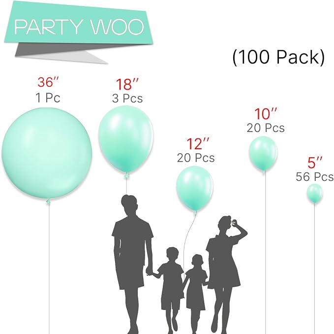 PartyWoo Teal Balloons 100pcs Turquoise Latex Balloons Different Sizes | 36 18 - Image 2
