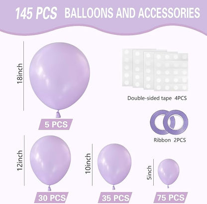 Pastel Purple Balloons 145pcs Different Sizes 18 12 10 5 Inches Light Purple - Image 2