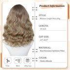 Ombre Blonde Wig for Women, 18 Inch Middle Part Wavy Curly Wigs Synthetic Heat Resistant Soft deep wave Wig for Women Daily Use (Ombre Blonde, 18 Inch)