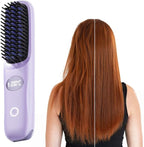 Cordless Hair Straightener Brush: Portable Rechargeable Heated Straightening Comb with LED Display & 3 Temperature Settings - Travel Hair Brush for Smooth Frizz-Free Styling (Purple)