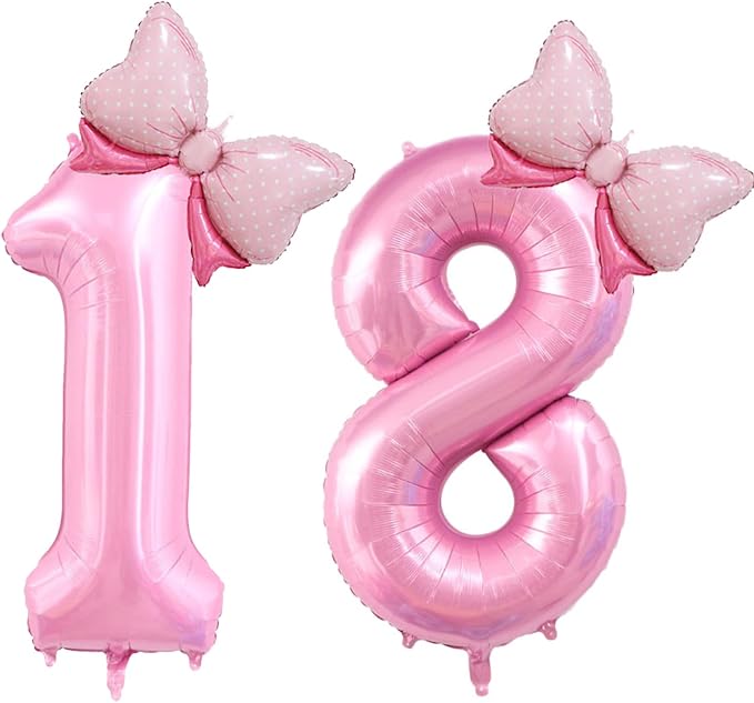 40 inch Number 18 Balloon with Bow Pink Happy Birthday Jumbo Number Balloons by OIBUTUR