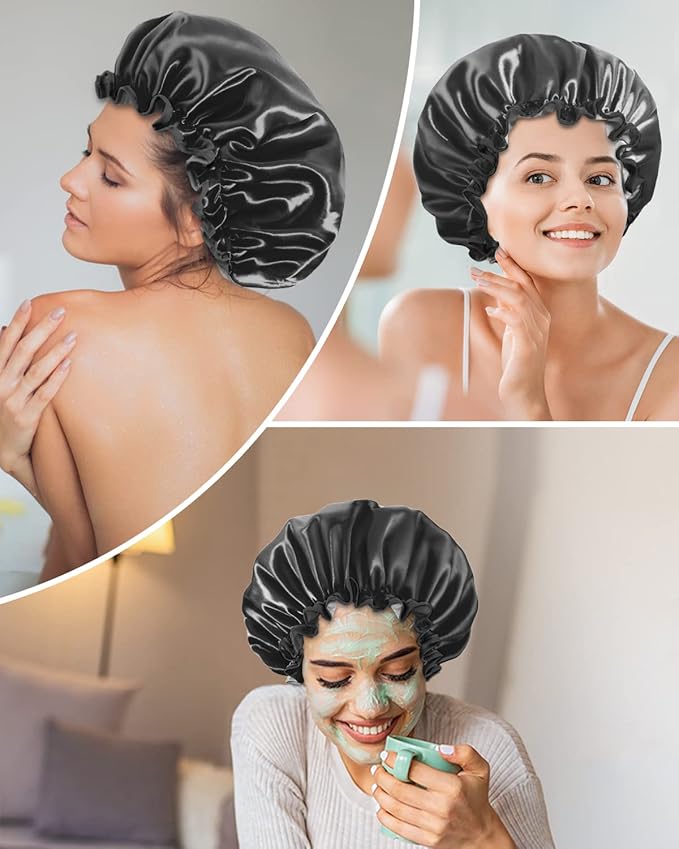Aquior Shower Caps, Reusable Shower Cap for Women, Double Layer Waterproof Hair Cap, Large Size for All Hair Lengths,for Girls Spa Home Salon Use (Black)