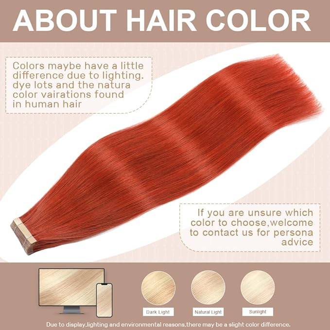Tape in Hair Extensions Human Hair 16 Inch 20pcs Invisible Tape ins Hair Extensions Real Human Hair Copper Red Remy Seamless Injected Tape Extensions