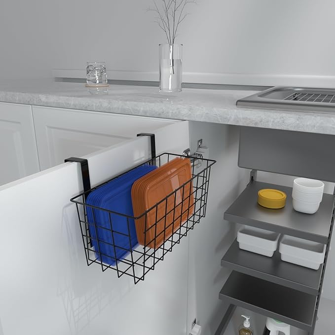 MaraFansie Basket with Hook, Grid Storage Basket, Over the Cabinet Door Organizer, Wire Hanging Basket with Hook Over the Railing, Under Sink Kitchen Cabinet, Pantry, Bathroom, Black, 2 Pack