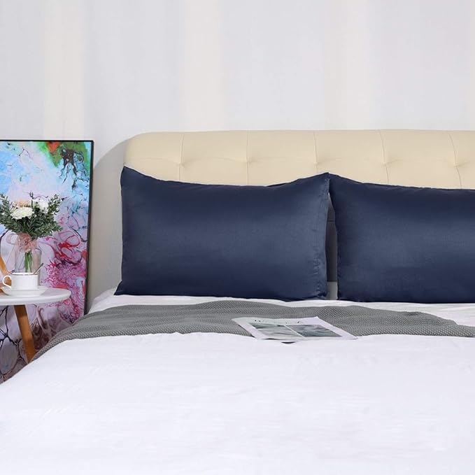 uxcell 2 Pack Silk Satin Pillowcase for Hair and Skin, Cool, Silky, Soft Breathable Pillow Cases King Size 20x36 Inch Sateen Pillowcase Navy with Envelope Closure
