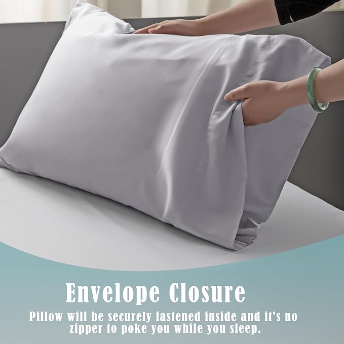 TELUS Pillow Cases Queen Size 2 Pack, Bamboo Rayon & Lyocell Pillowcase with Envelope Closure, Cooling Breathable Pillow Cover for Hot Sleeper & Night Sweats, 20x30 inch, Light Grey