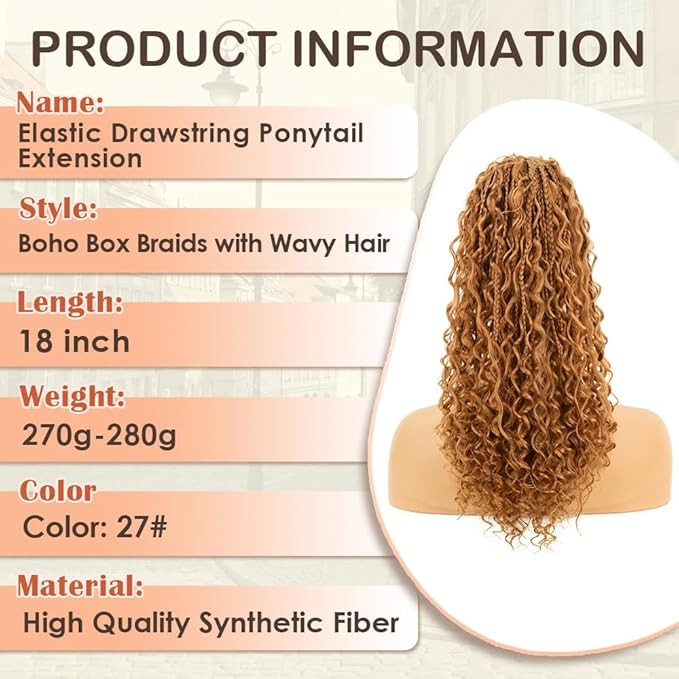 Drawstring Ponytail for Women Boho Box Braids with Long Wavy Hair Ponytail Extension Synthetic Hair Extensions Ponytail for Daily Use (27#, 18 Inch)