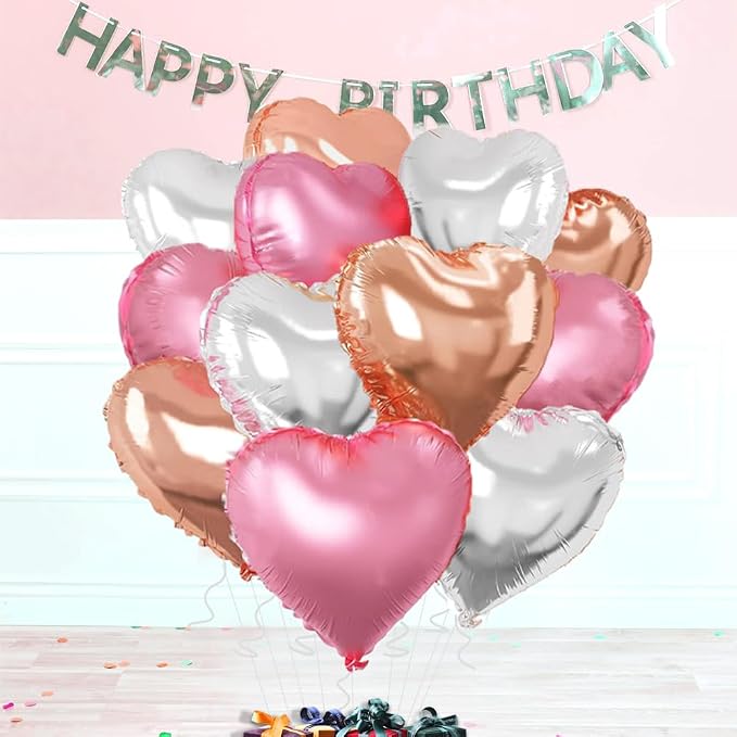 Rose Gold & Silver Heart Balloons，18 Inch Light Pink Foil Love Heart Shaped - Image 2