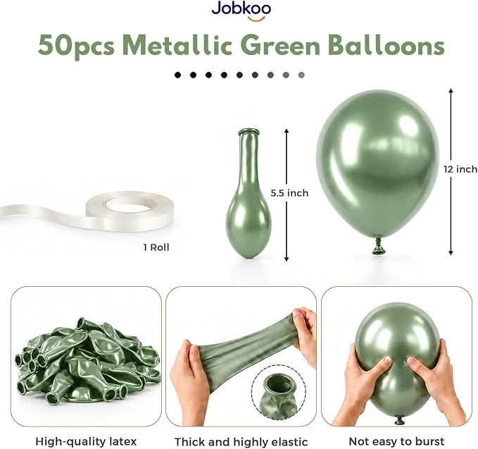 Jobkoo Metallic Green Balloons, 12 Inch Chrome Dark Green Latex Balloon | Retro - Image 2