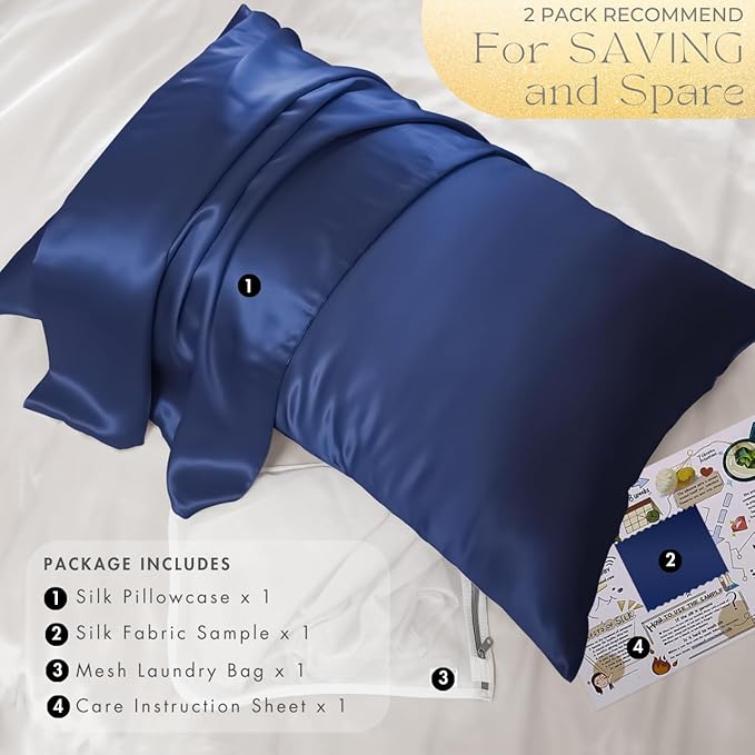 PROMEED 100% Mulberry Silk Pillowcase for Hair and Skin - Allergen Resistant Both Sides 23 Momme 1400 TC Silk Bed Pillow Cases with Hidden Zipper, 1PC (Queen 20"x30", Navy)