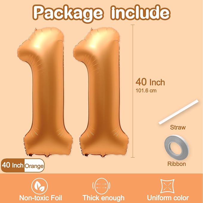 11 Balloon Number, 40 Inch Orange Foil Balloons Giant Jumbo Helium Number 11 - Image 2