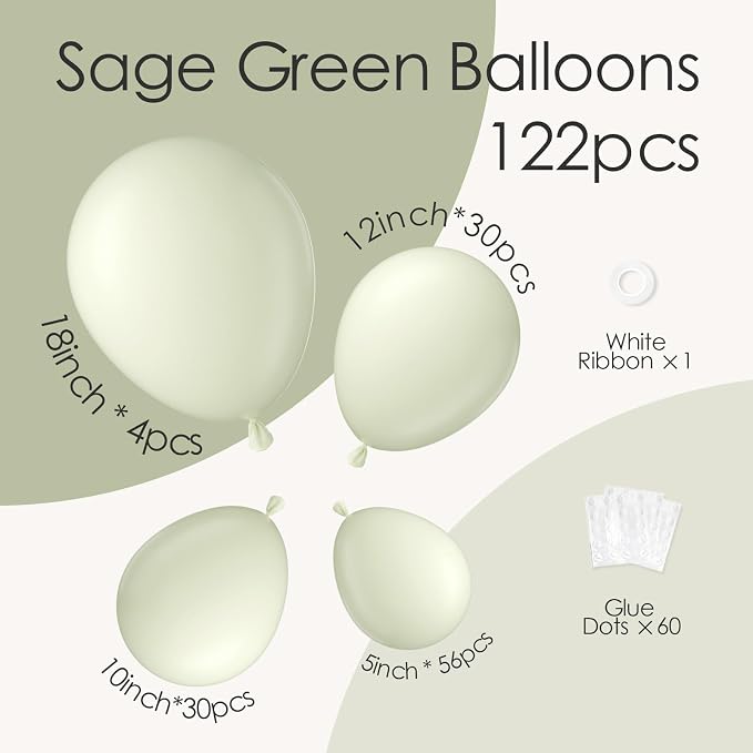 Awenztech 122pcs Sage Green Latex Balloons in 18 12 10 5 inches | Wedding - Image 2