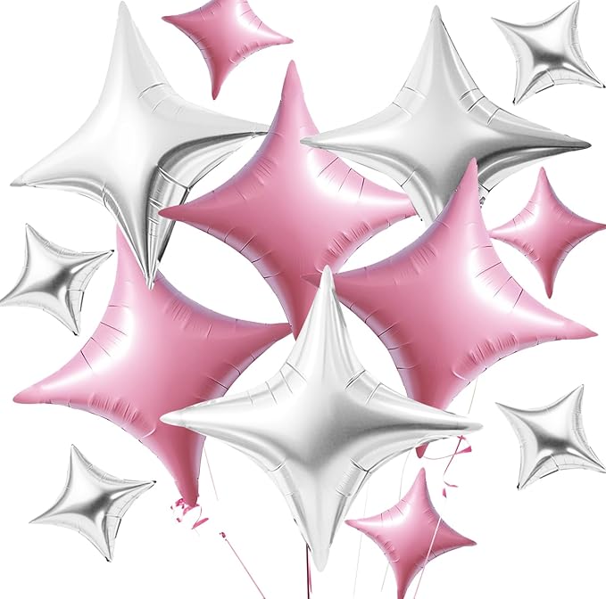 TONIFUL 30 Pcs Four Pointed Star Balloon 26In&10In Pink Silver Foil Balloon | by TONIFUL