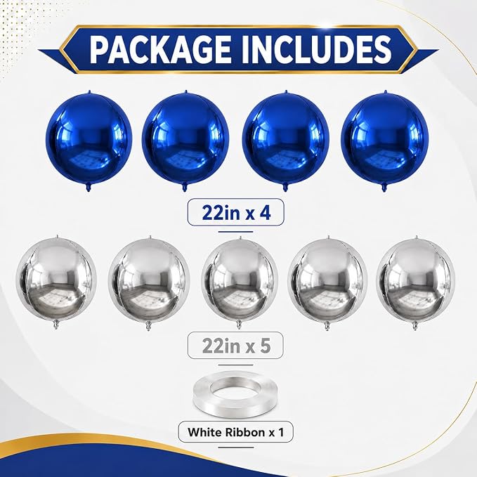 9 Pcs Blue Silver Round Foil Balloons Dark Navy Blue Metallic Silver Chrome 4D - Image 2