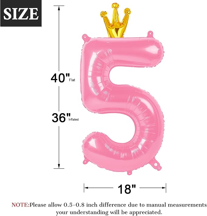 Pink Crown Number 5 Balloon 40 inch, Big Pink 5th Birthday Party Decorations | - Image 2