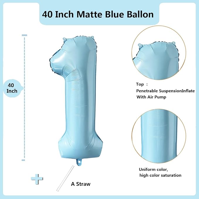 40 Inch Matte Blue 1 Number Balloons Light Blue Number 1 Foil Balloon Mylar - Image 2