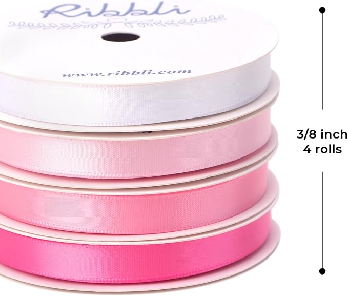 Ribbli Pink Satin Ribbon 3/8 Inch x 4 Rolls Total 40 Yards- White Pink Ribbon - Image 2