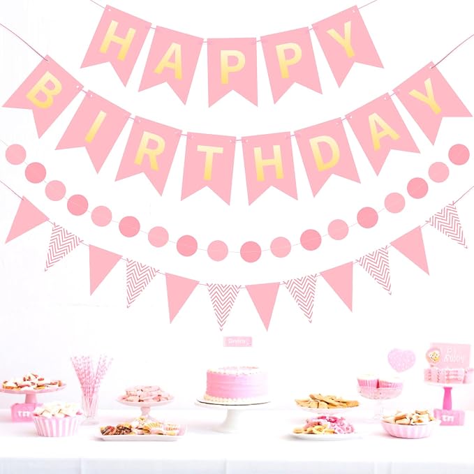 Pink Gold Happy Birthday Banner, Happy Birthday Decorations Hanging Birthday - Image 2