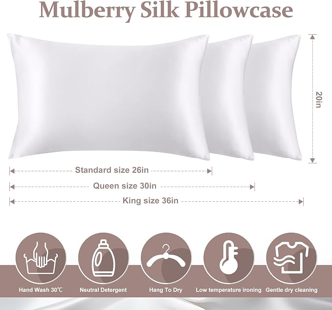 2 Pack 100% Pure Silk Pillowcase for Hair and Skin, Both Sides Mulberry Silk Pillowcases with Hidden Zipper, Cooling Pillowcase 19 Momme, 600 Thread Silk Pillow Cases Queen Size, White