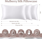 2 Pack 100% Pure Silk Pillowcase for Hair and Skin, Both Sides Mulberry Silk Pillowcases with Hidden Zipper, Cooling Pillowcase 19 Momme, 600 Thread Silk Pillow Cases King Size, White