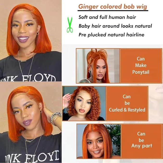 250% Density Ginger Bob Wig Human Hair 13x4 HD Lace Closure Wig Orange Bob Human Hair Wig with Baby Hair Short Straight Bob Colored Wig for Women 14 Inch