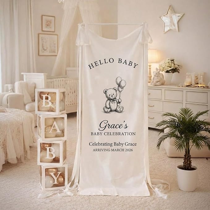 Personalized Baby Shower Fabric Welcome Sign Bear Hello Baby Linen Backdrop | - Image 4