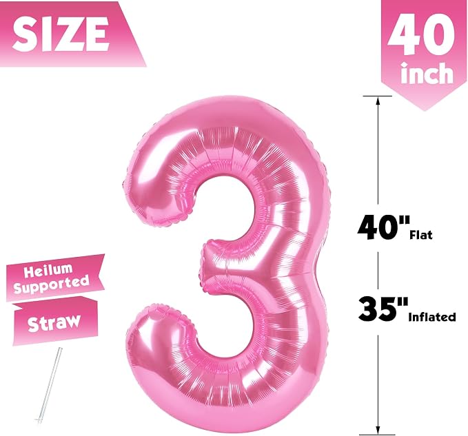 40 Inch Pink Number 3 Balloon Birthday Party Decorations - Image 5