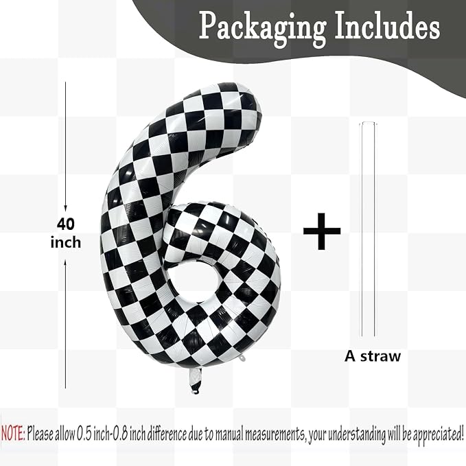 40 Inch Checkered Number Balloon 6 Black and White Number 6 Balloon Foil Helium - Image 2