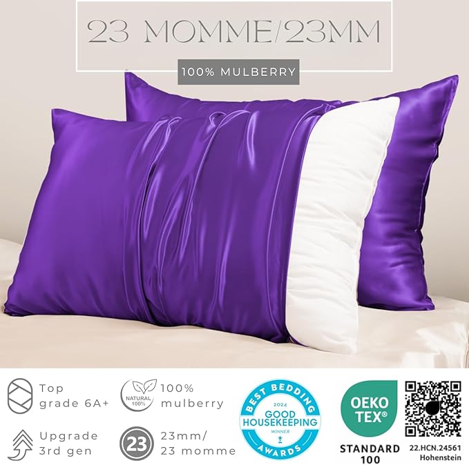 PROMEED 100% Mulberry Silk Pillowcase Set of 2, Both Sides Natural Silk Pillow Case 2 Pack Cooling Pillow Cases for Hot Sleepers, Hidden Zipper Closure (Queen 20"x30", Purple)