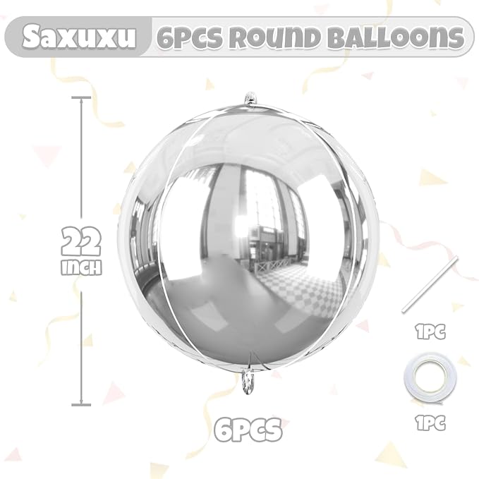 Silver Round Foil Balloons, 22 Inch 4D Round Ball Balloons Ornament, Giant - Image 3