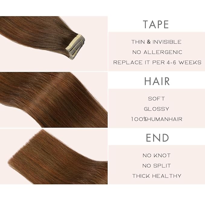Human Hair Tape in Extensions, Chestnut Brown Mixed Dark Auburn Extensions Real Human Hair 20 Inch 20pcs Remy Straight Tape ins Invisible Tape in Hair Extensions Human Hair (4/4/33#,20 Inch)