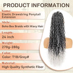 Drawstring Ponytail for Women 24 inch Boho Braids with Long Wavy Hair Clip in Ponytail Extension Synthetic Hair Extensions Ponytail for Daily Use (T1B/Grey#, 24 Inch)