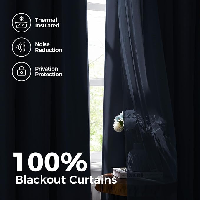 100% Blackout Curtains for Bedroom, Double Layer Navy Blue Curtains, Room - Image 3