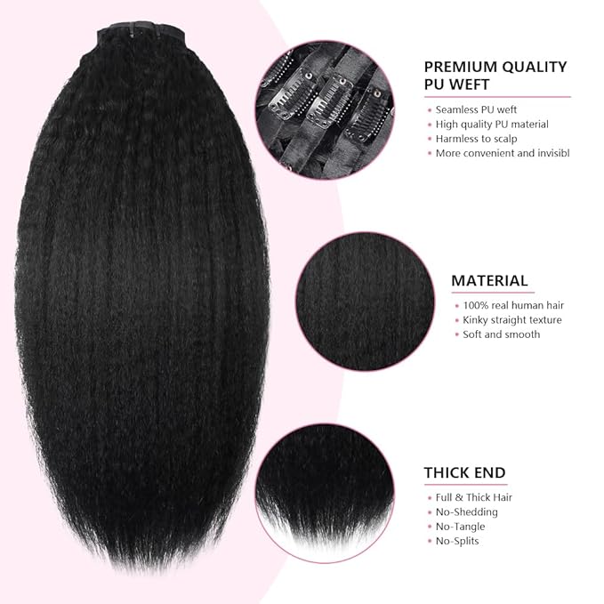 Seamless Clip In Hair Extensions Human Hair Invisible Pu Skin Weft Kinky Straight Seamless Clip Ins For Black Women Real Human Hair Extensions 8pcs With 18clips Per Set 120g (12inch,Natural Black)
