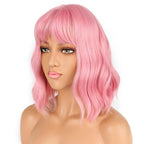 LANICE Short Bob Pink Wigs with Bangs for Women Loose Wavy Hair Shoulder Length Wigs Synthetic Colorful Wigs for Cosplay Daily PartyUse(Pink,12inch)