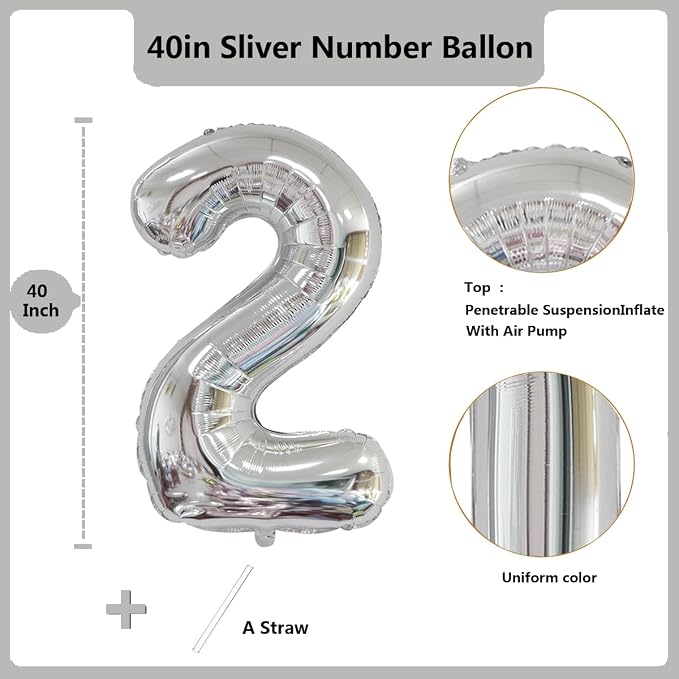 40 inch Silver Number Balloon Giant Foil Helium Balloons Silver Number 2 Balloon - Image 2