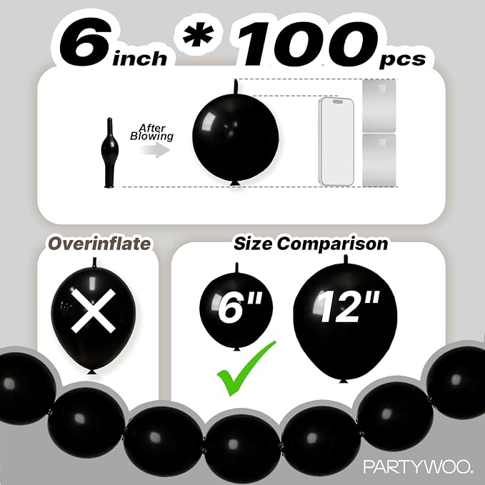PartyWoo Black Linking Balloons 100pcs 6 Inch Black Link Balloons | - Image 4