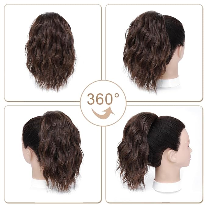 Ponytail Extension-12 Inch Drawstring Ponytail Hair Extensions for Women Synthetic Curly Wavy Fake Pony Tails Hair Pieces for Daily Party Use (Mixed Brown)