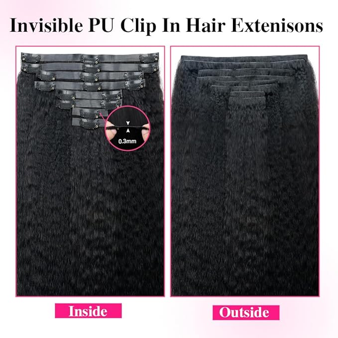 Invisi Edge Clip In Hair Extensions Human Hair 2 Pack 240g 16pcs Kinky Straight Invisible Clip Ins For Women Full Head Injected Clip Ins Remy Human Hair Extensions Natural Color 28inch