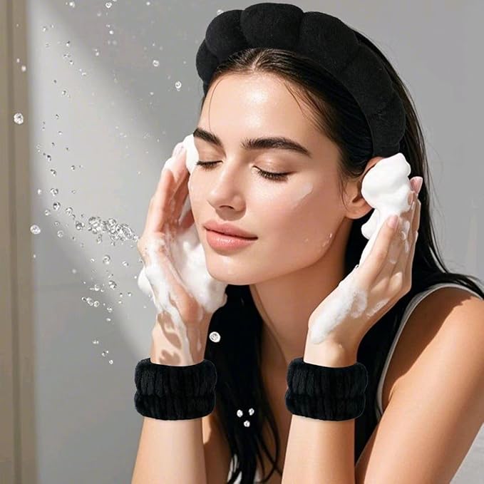 2Pcs Spa Headband for Washing Face & 1 Pairs Wristband Set Sponge Makeup Skincare Headband &Terry Cloth Bubble Soft Hairband for Women Girl Puffy Padded Headwear Non Slip Thick Hair Accessory (black)