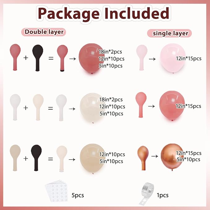 Pink Brown Gold Balloons Arch Kit, Double Stuffed Pastel Balloons Garland Rose - Image 2