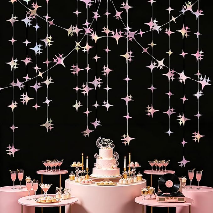 Glitter Iridescent Pink Four-Angle Star Paper Garland Banner 40 Feet Iridescent - Image 2