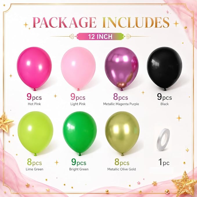 60PCS Black Pink Green Balloons, Hot Pink Dark Light Green Black Latex Balloon - Image 2