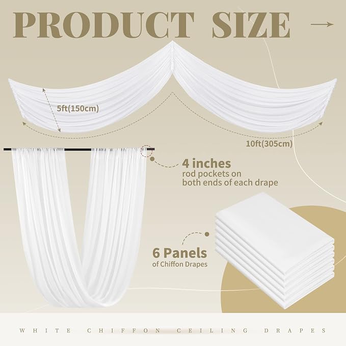 6 Panels White Ceiling Drapes for Wedding Ceiling Drapes 5ftx10ft Wedding Arch - Image 2