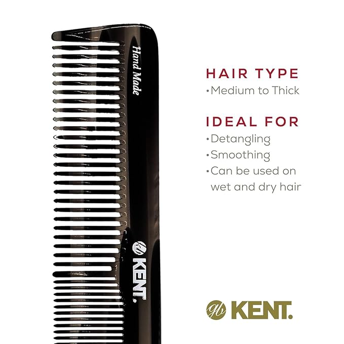 Kent 16T G Black Graphite Fine and Wide Tooth for Daily Grooming, Handmade Styling Comb for All Hair Types, Wet or Dry Hair Detangling Comb for Men and Women, Saw Cut Hand Polished, Made in England