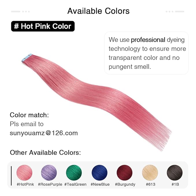 SUYYA Tape in Hair Extensions Human Hair - Hot Pink, 20 Inch, 10PCS/Pack, Straight, 25g